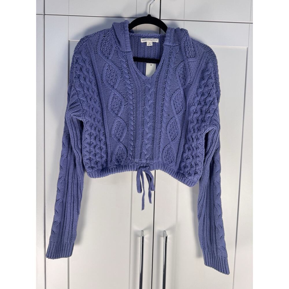 Aeropostale Purple Cable Knit Hooded Cropped Sweater Cottagecore Boho Size M